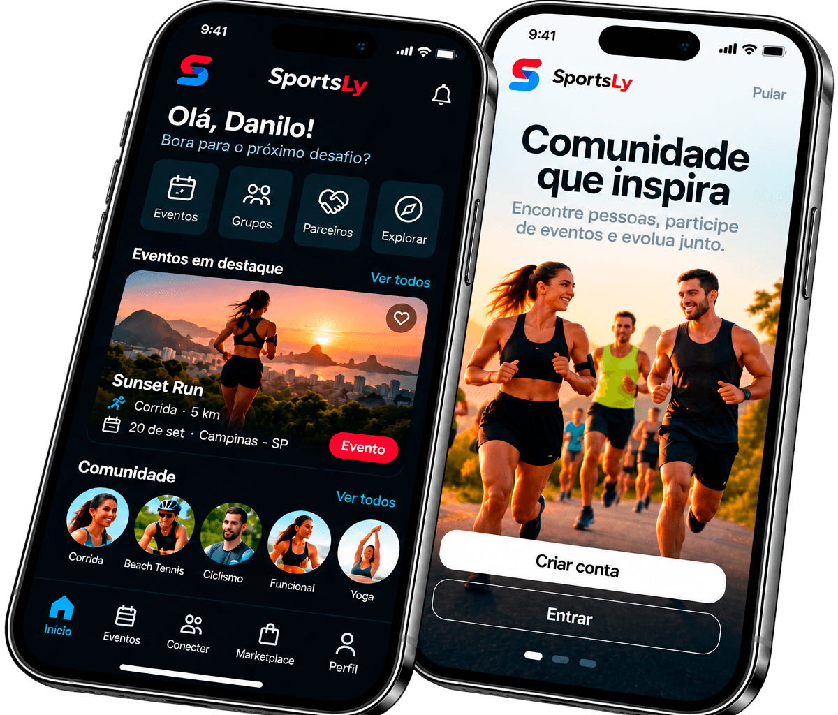 Aplicativo SportsLy aberto em três smartphones