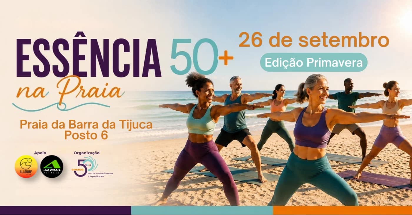Capa do evento Essência 50+ na Praia - Aula de Pilates na Barra da Tijuca